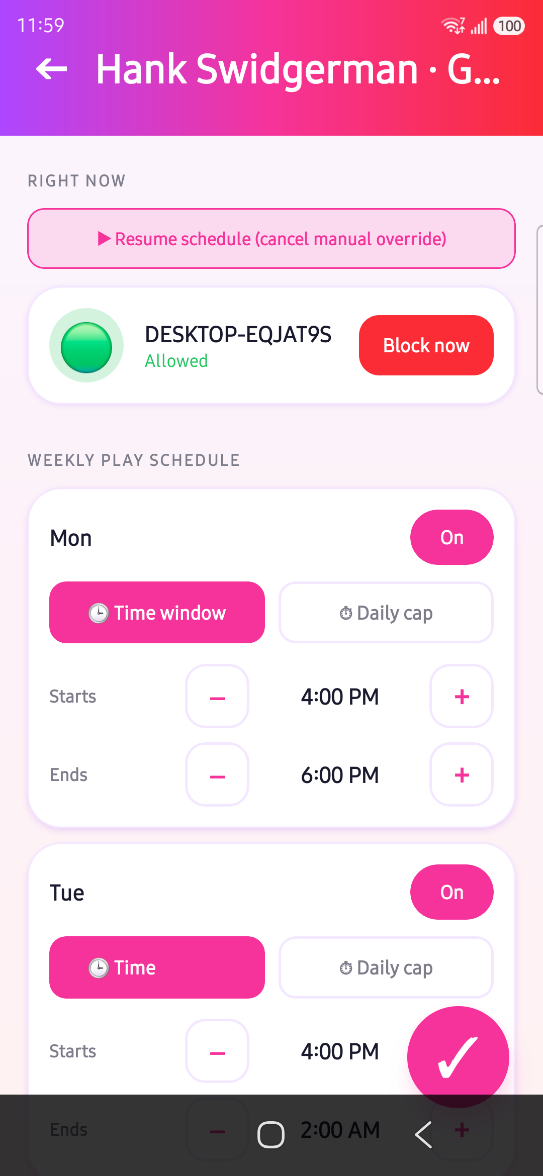 Weekly play schedule screen