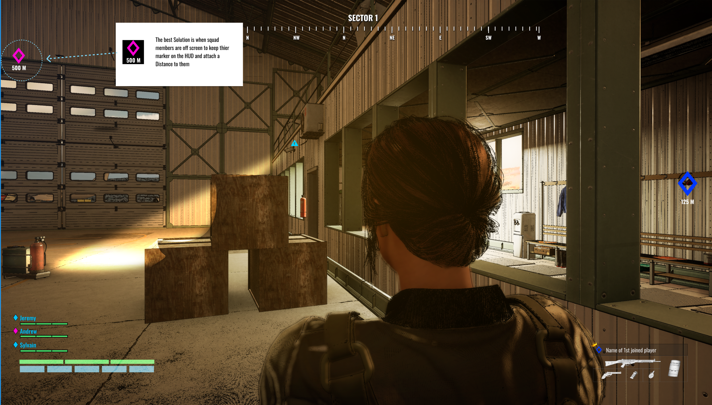 HUD marker with distance shown for off-screen squad member